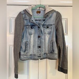 Vintage American Eagle Women’s Jean Jacket with Sweatshirt Sleeves & Hood Size L